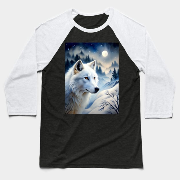 White Wolf Hunting Ground, Winter Mountain Icy Moon, Forest, Galaxy Beautiful gifts Novelty Wild Animal Pattern Fashion Baseball T-Shirt by sofiartmedia